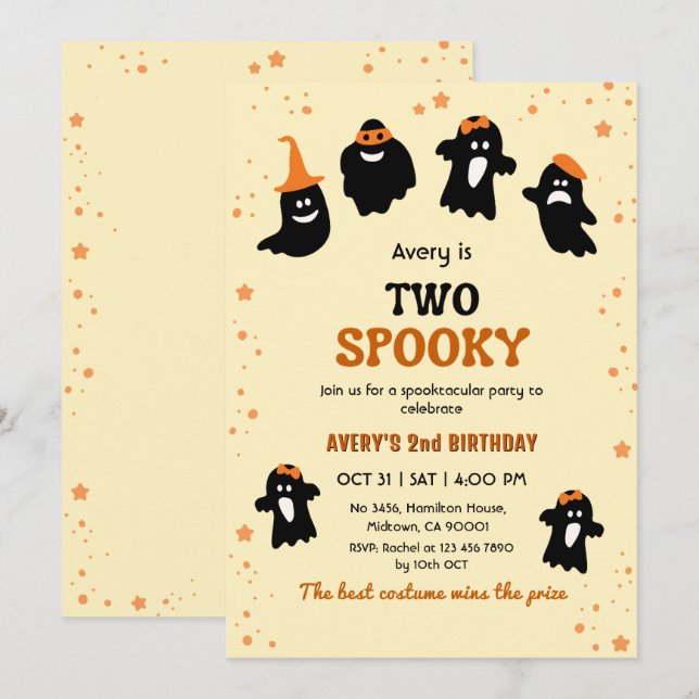 Två spöklika Halloween födelsedagsghost Whimsical  Inbjudningar (Fram/baksida)