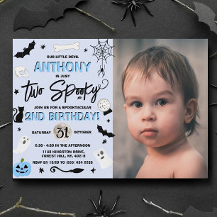 Två Spooky! Boys Halloween 2:a födelsedagsfoto Inbjudningar