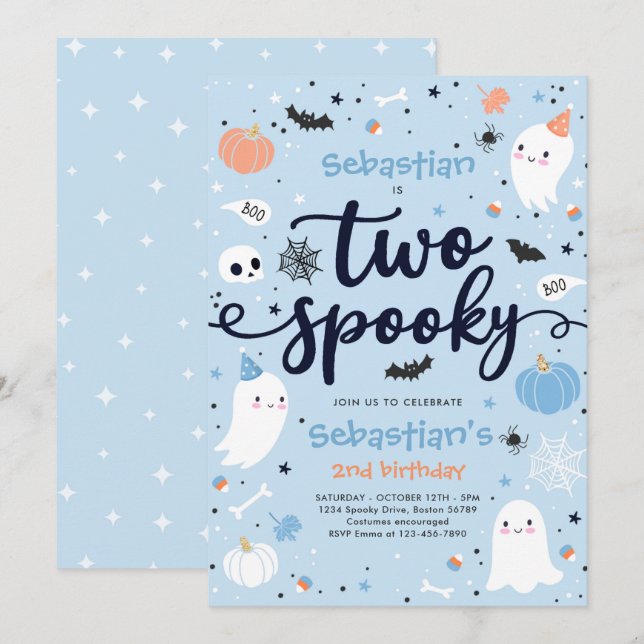 Två Spooky Cute Halloween Ghost 2:a födelsedagen P Inbjudningar (Fram/baksida)