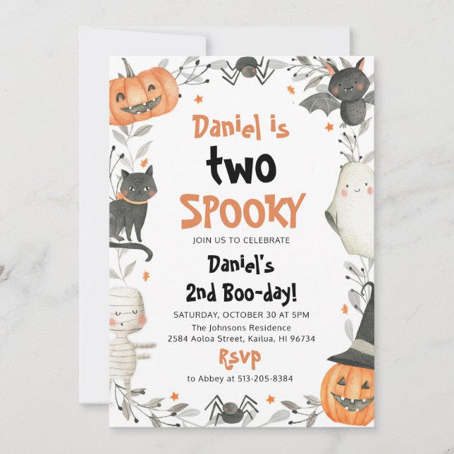 Två Spooky Cute Halloween Ghost 2:a födelsedagen P Inbjudningar (Framsida)