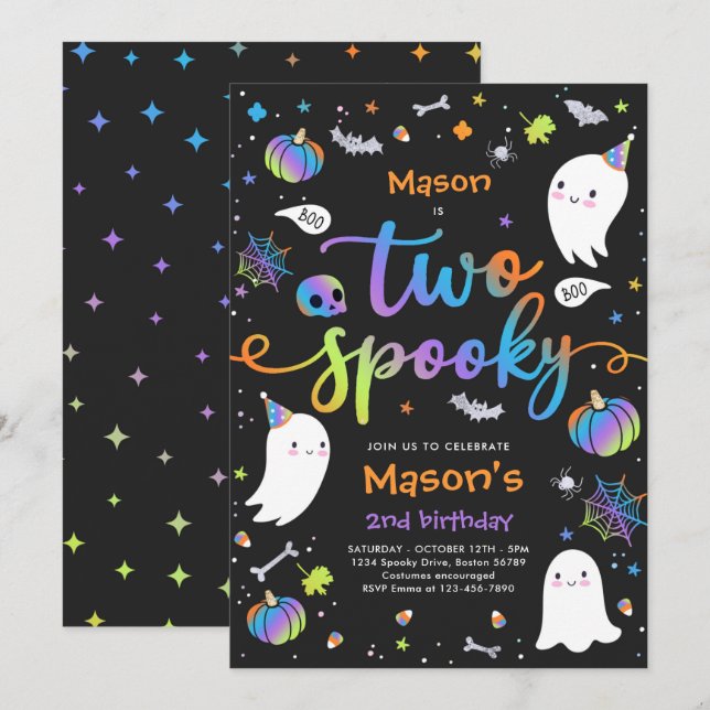 Två Spooky Cute Halloween Ghost 2:a födelsedagen P Inbjudningar (Fram/baksida)