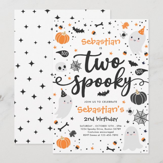 Två Spooky Cute Halloween Ghost 2:a födelsedagen P Inbjudningar (Fram/baksida)