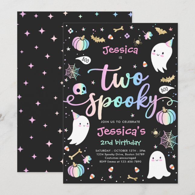 Två Spooky Cute Halloween Ghost 2:a födelsedagen P Inbjudningar (Fram/baksida)