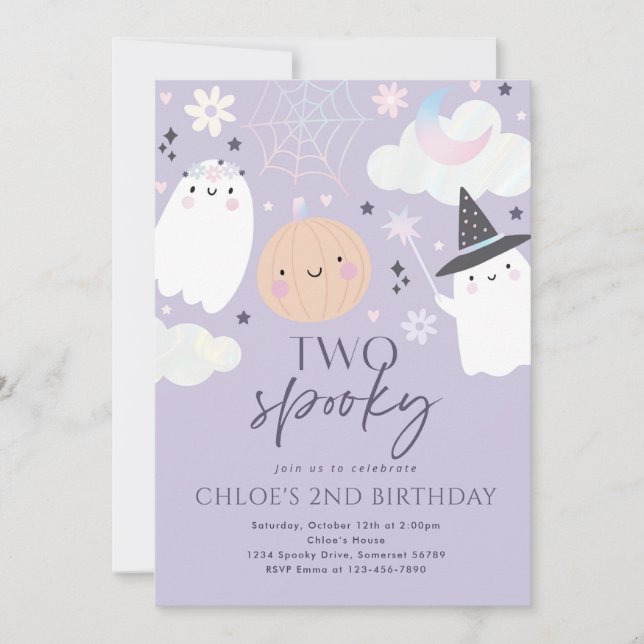 Två Spooky Cute Halloween Ghost 2:a födelsedagen P Inbjudningar (Framsida)