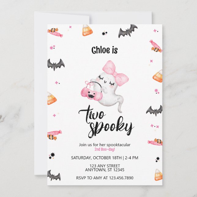 Två Spooky Girl 2:a Boo Day Halloween Birthday Inbjudningar (Framsida)