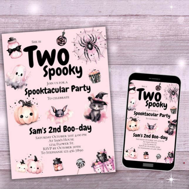 Två Spooky Girls Cute Rosa Halloween 2:a födelseda Inbjudningar (Skapare uppladdad)