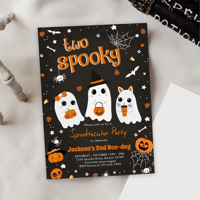 Två Spooky Halloween Cute Ghost 2:a födelsedagen Inbjudningar (Skapare uppladdad)