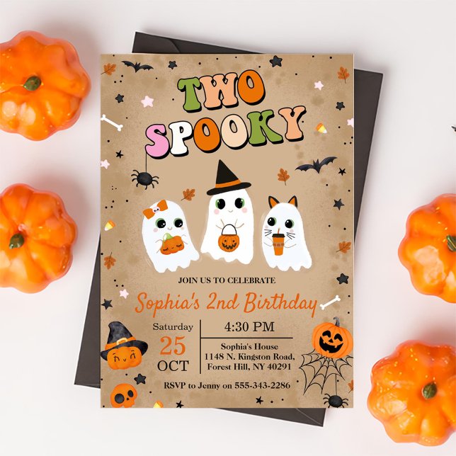 Två Spooky Halloween Cute Ghost 2:a födelsedagen Inbjudningar (Skapare uppladdad)