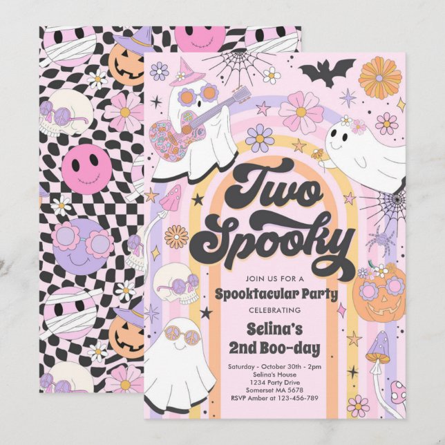 Två Spooky Halloween Groovy Ghost 2:a födelsedagen Inbjudningar (Fram/baksida)
