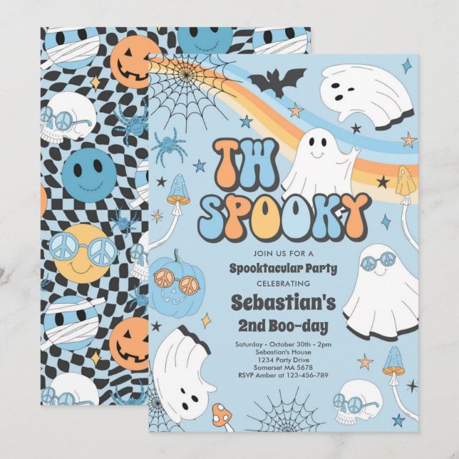 Två Spooky Halloween Groovy Ghost 2:a födelsedagen Inbjudningar (Fram/baksida)