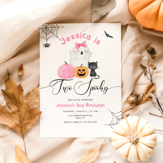 Två Spooky Halloween rosa 2:a flickfödelsedag Inbjudningar (Skapare uppladdad)