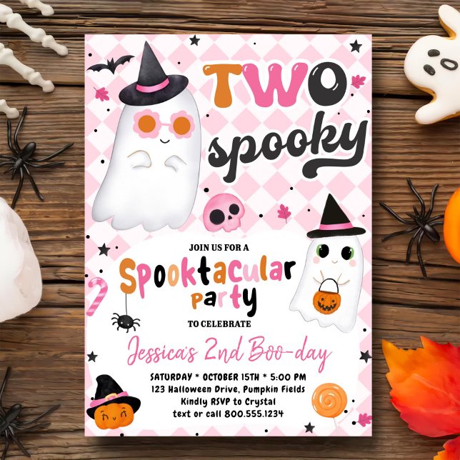 Två Spooky Halloween Rosa Cute Ghost 2:a födelseda Inbjudningar (Skapare uppladdad)
