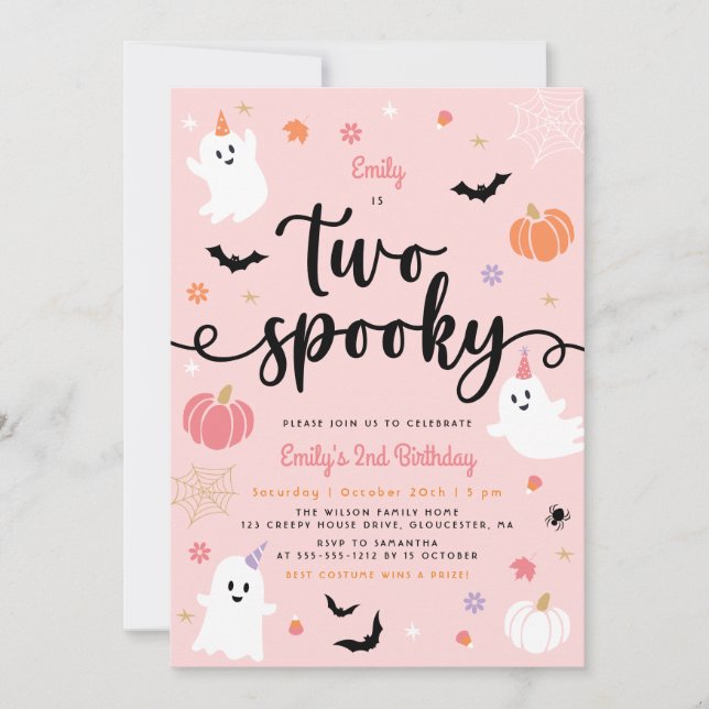 Två Spooky Rosa Halloween Cute Ghost 2:a födelseda Inbjudningar (Framsida)
