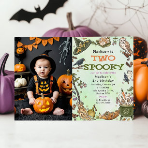 Två Spooky Witch Halloween 2:a födelsedagsfoto Inbjudningar