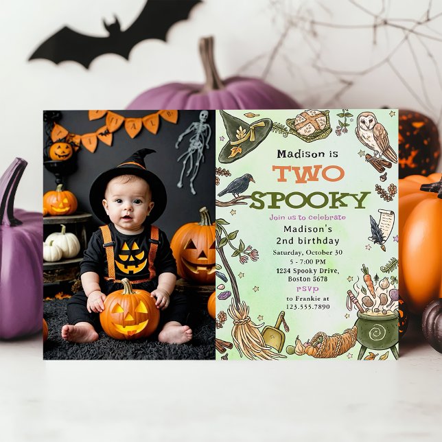 Två Spooky Witch Halloween 2:a födelsedagsfoto Inbjudningar (Skapare uppladdad)