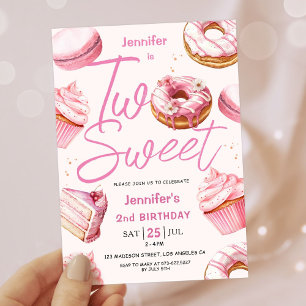 TVÅ SPRÅK! Rosa Donut Girls 2:a födelsedag Party Inbjudningar
