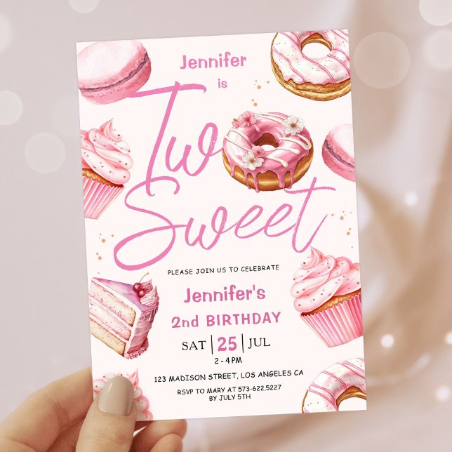 TVÅ SPRÅK! Rosa Donut Girls 2:a födelsedag Party Inbjudningar (Skapare uppladdad)