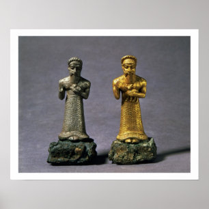 Två statuettes av manar som bär offerings av poster