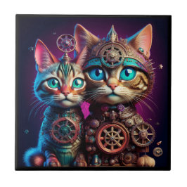 Två Steampunk Katter Poserar Kakelplatta