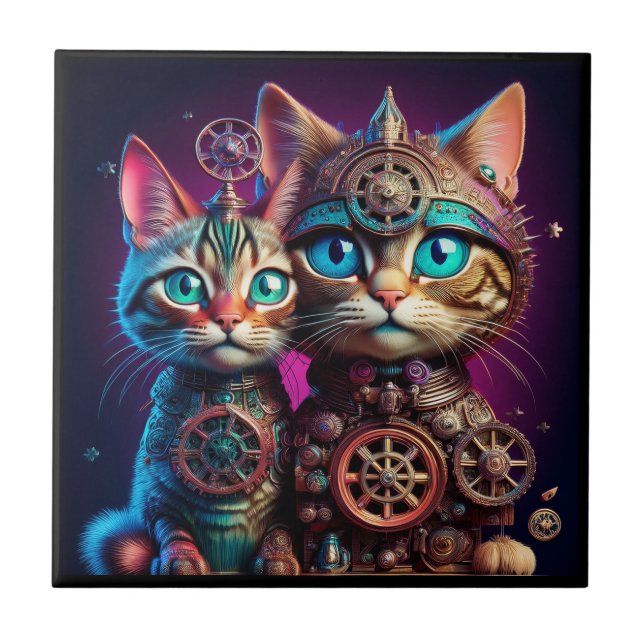Två Steampunk Katter Poserar Kakelplatta (Framsidan)