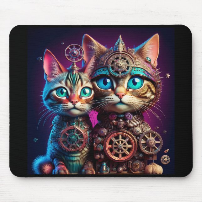 Två Steampunk Katter Poserar Musmatta (Framsidan)