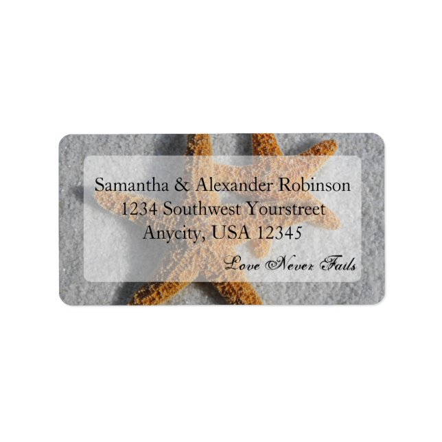 Två stjärnfiskar i Sand, Beach Wedding Adressetikett (Framsidan)