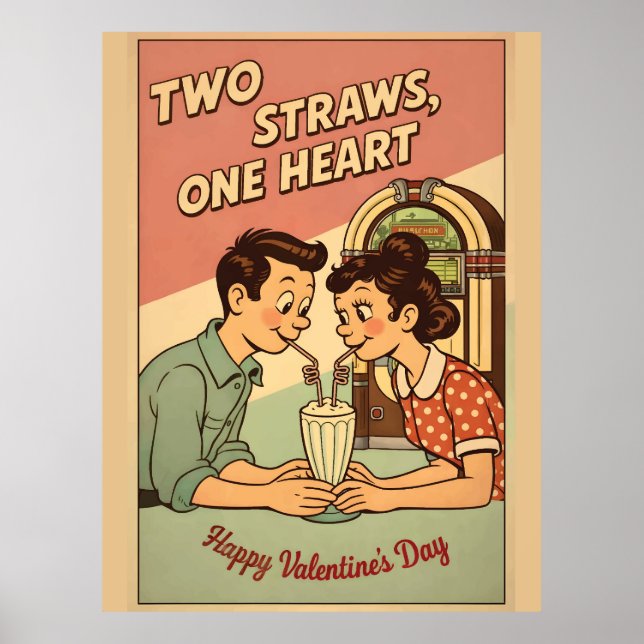 Två sugrör En hjärta Retro sodabutik Milkshake Val Poster (Framsidan)