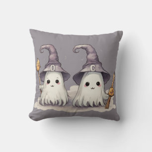 Två Super Söta Spöken Häxhattar Grå Halloween Kudde