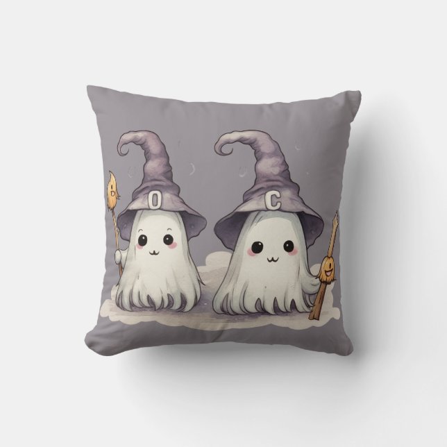 Två Super Söta Spöken Häxhattar Grå Halloween Kudde (Framsida)