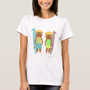 Två Surfer Monkey Cute Tecknad Illustration T Shirt
