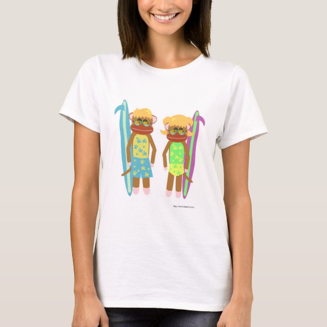 Två Surfer Monkey Cute Tecknad Illustration T Shirt (Framsida)