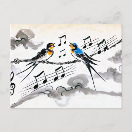 Två svalor sjunger på en kraftledning på kinesiska vykort