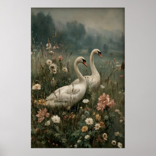 Två svanar Antik Utskriftsbar Konst, Svanblomma Poster