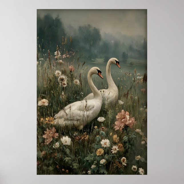 Två svanar Antik Utskriftsbar Konst, Svanblomma Poster (Framsidan)