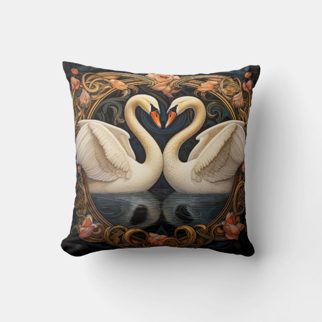 Två Svanar på Sjö-Art nouveau-inspikade hemdekrete Kudde (Framsida)