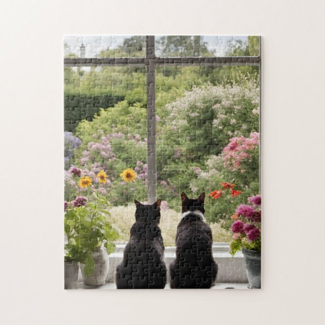Två Svarta katter Flowers Garden Puzzle Pussel (Vertikal)