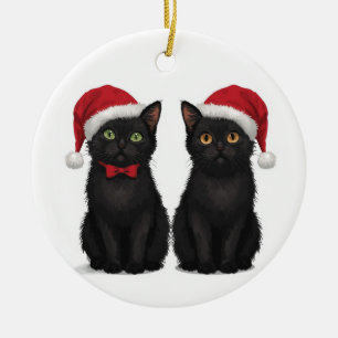 Två svarta kattungar Santa hatt jul Julgransprydnad Keramik
