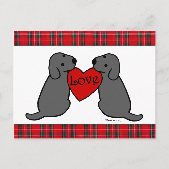 Två svarta Labradors Tecknad Tartan Vykort (Framsida)