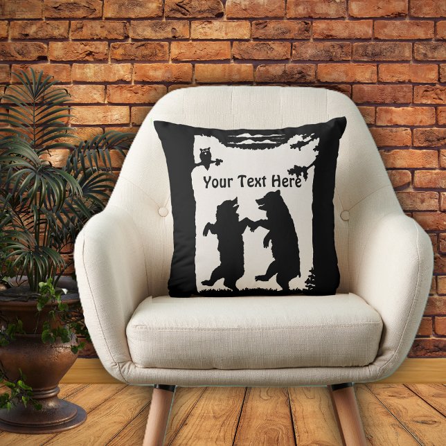 Två svarta päron som dansar under Träd Uggla på vi Kudde (Two bears dancing in woods owl in tree in black silhouette on white on throw decorative pillow.)