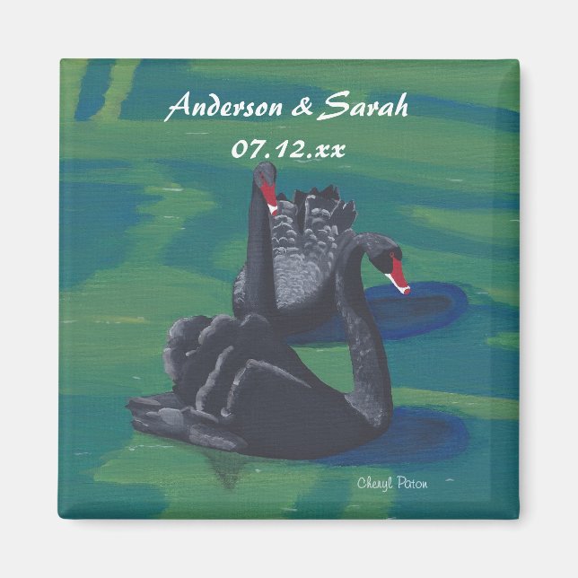 Två svarta Svanar-simmande Personliger - datummagn Magnet (Framsidan)