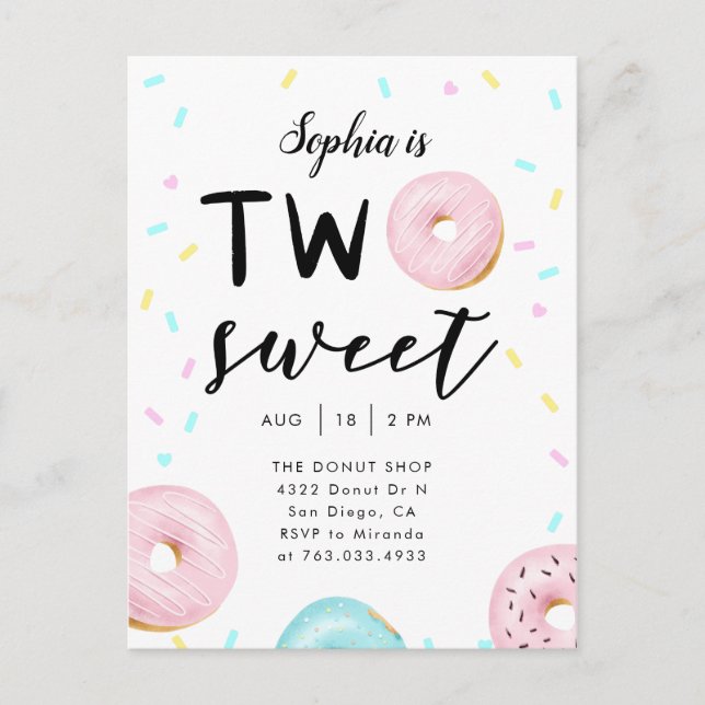 Två svenska Donut Sprinkles 2:a födelsedagen Party Inbjudan Vykort (Framsida)