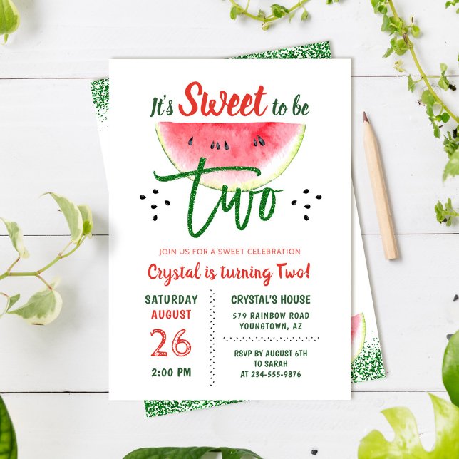 Två svenska Glitter Watermelon andra födelsedag Inbjudningar (Skapare uppladdad)