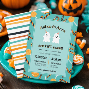 Två svenska Halloween Candy Ghost Twin 2nd Birthda Inbjudningar