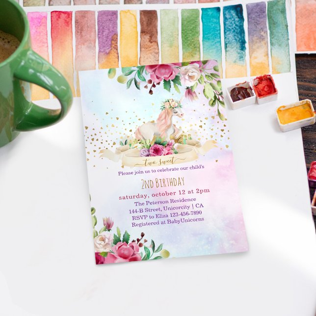 Två svenska Unicorn Flicka 2:a födelsedagen Party Inbjudningar (Skapare uppladdad)