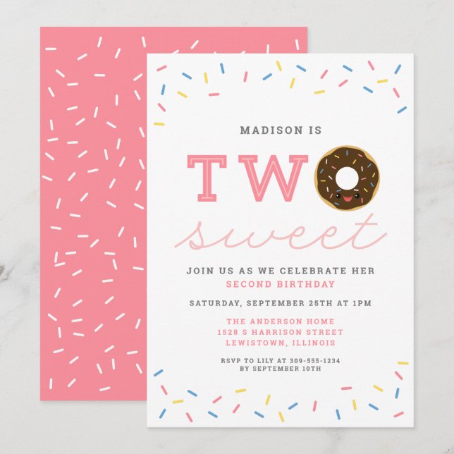 Två Sweet Donut och Sprinkles andra födelsedagen Inbjudningar (Fram/baksida)