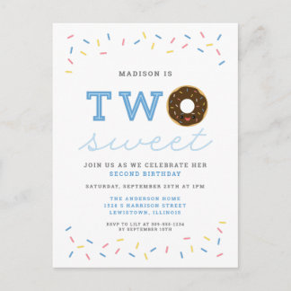 Två Sweet Donut och Sprinkles Blue 2nd Birthday Inbjudan Vykort