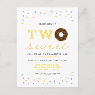 Två Sweet Donut och Sprinkles Gult 2:a födelsedage Inbjudan Vykort