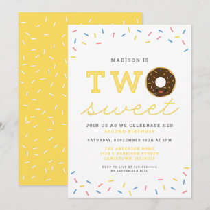 Två Sweet Donut och Sprinkles Gult 2:a födelsedage Inbjudningar