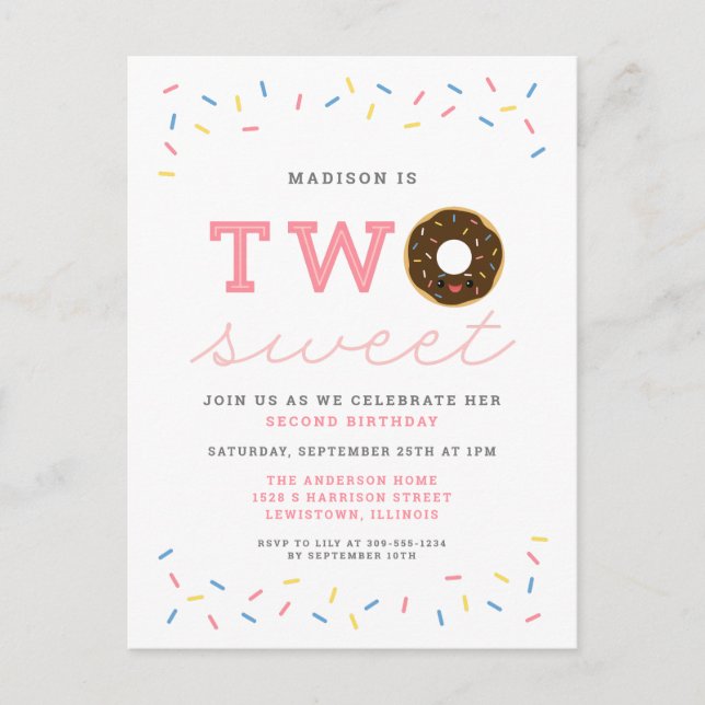 Två Sweet Donut och Sprinkles Rosa 2:a födelsedage Inbjudan Vykort (Framsida)