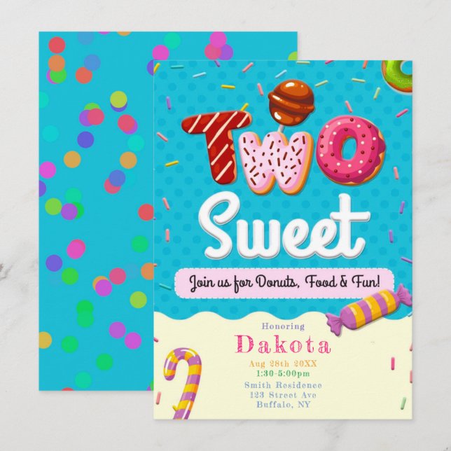 Två Sweet Donuts Girl Födelsedagsfest inbjudan (Fram/baksida)